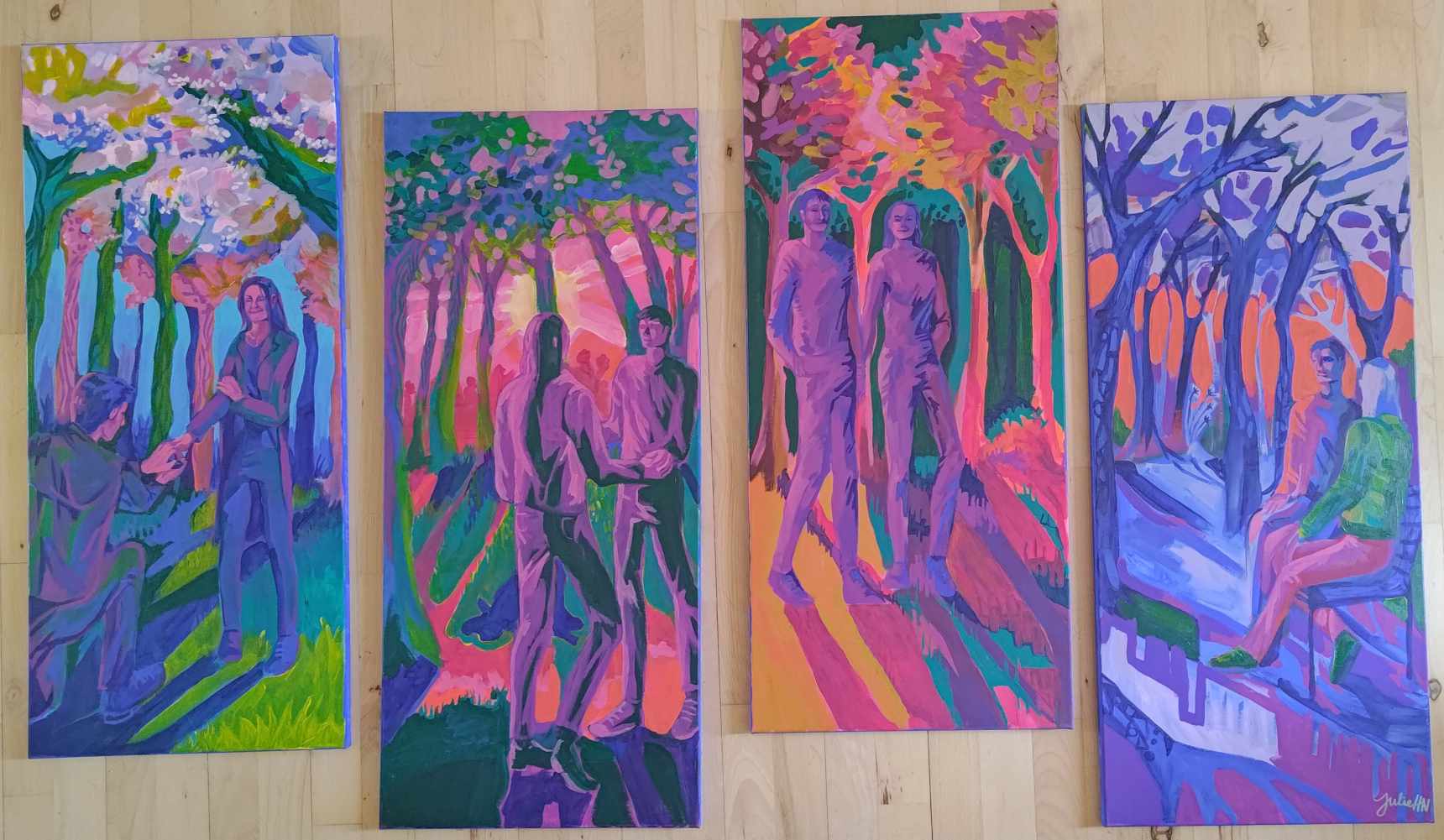 Pris: 6000 kr.<br/>Type Maling: Akryl<br/>Størrelse: 4 malerier på 90x40x2cm<br/>Dato Malet: 14/03/2024